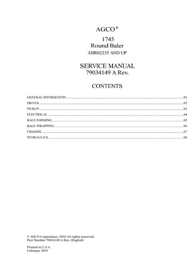 AGCO 1745 (Serial Number AHR02235 AND UP) Round Baler Service Manual - PDF Download