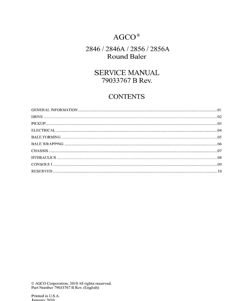 AGCO 2846, 2846A, 2856, 2856A Round Baler Service Manual - PDF Download