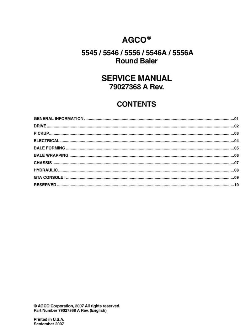 AGCO 5546A Round Baler Service Manual - PDF Download