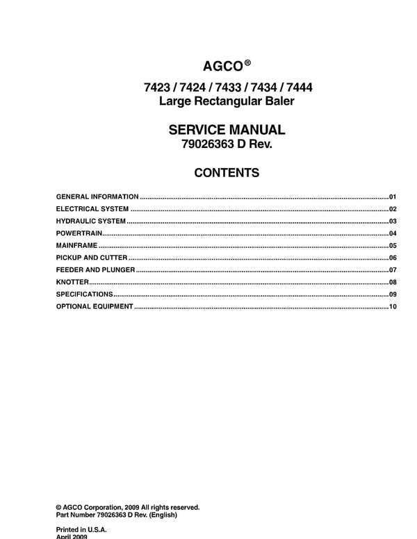 AGCO 7423 Large Rectangular Baler Service Manua... – Heavy Equipment Manual