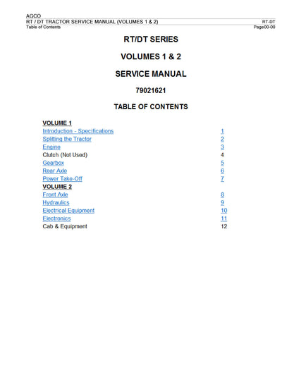 AGCO RT, DT Tractor Service Manual (VOLUMES 1 & 2) - PDF Download