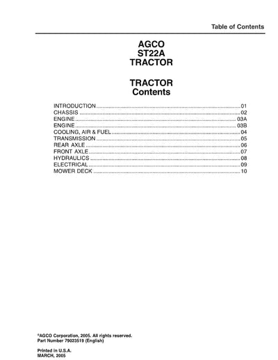 AGCO ST22A Compact Tractor Service Manual - PDF Download