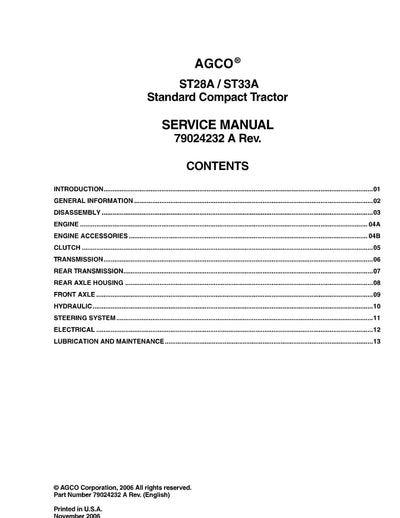 AGCO ST33A Standard Compact Tractor Service Manual - PDF Download