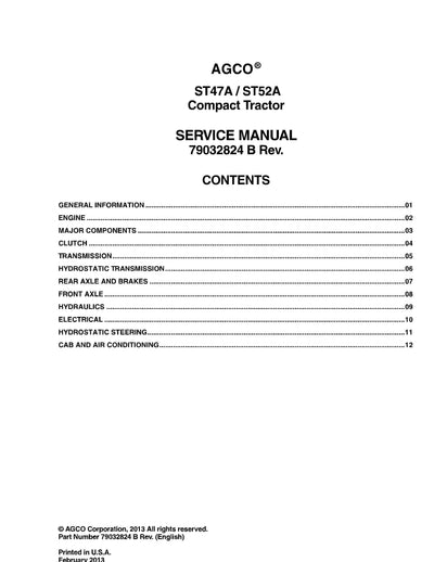 AGCO ST52A Compact Tractor Service Manual - PDF Download