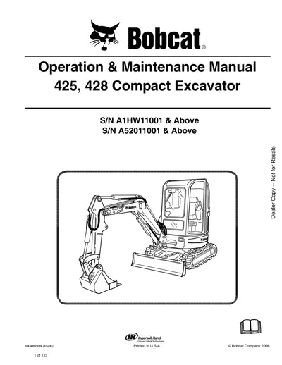 Bobcat 425, 428 Compact Excavator Operation & Maintenance Manual