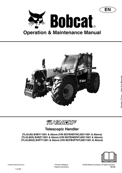 Bobcat TL43.80HF Telescopic Handler Operation And Maintenance Manual - PDF Download