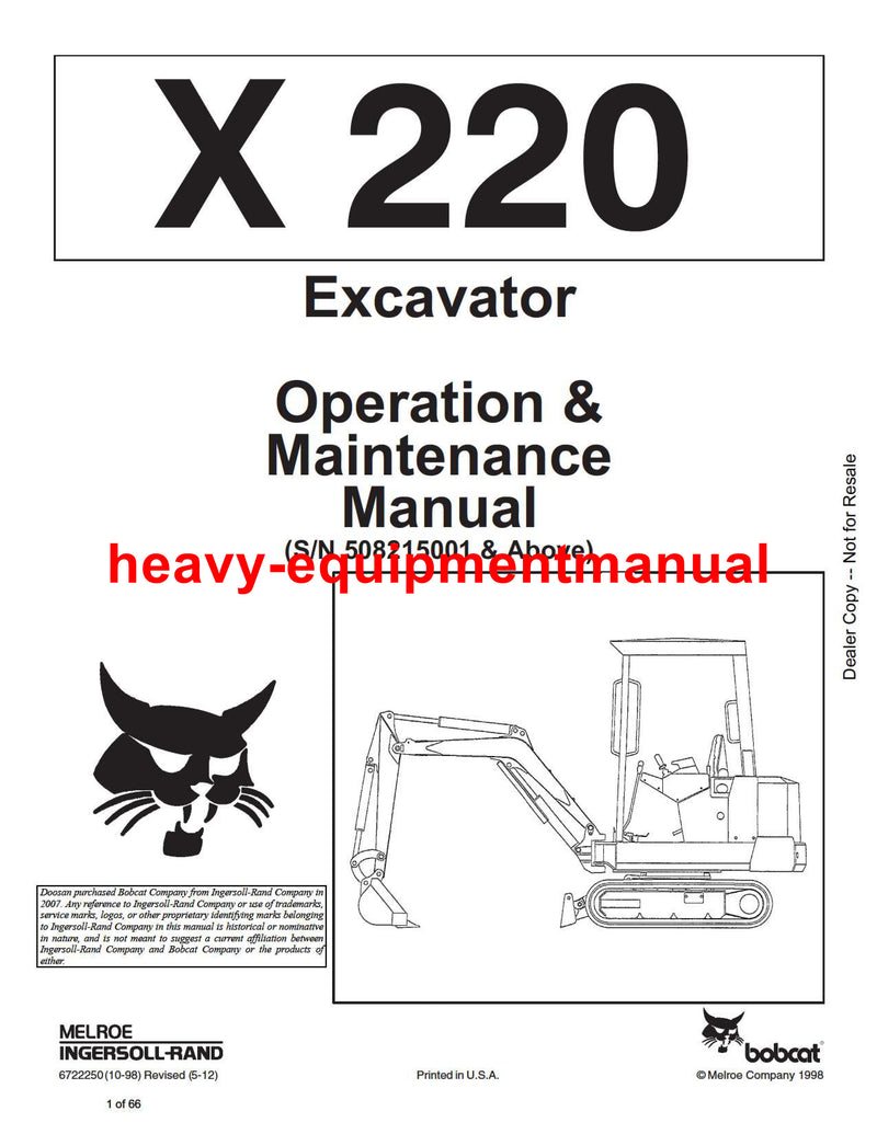 Bobcat 220 Excavator Operator's Manual 15001