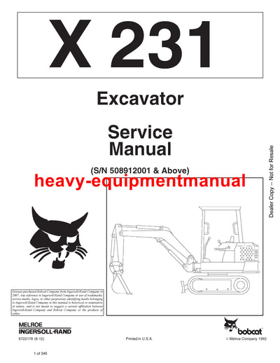 Download Bobcat 231 Excavator Service Repair Manual 508912001