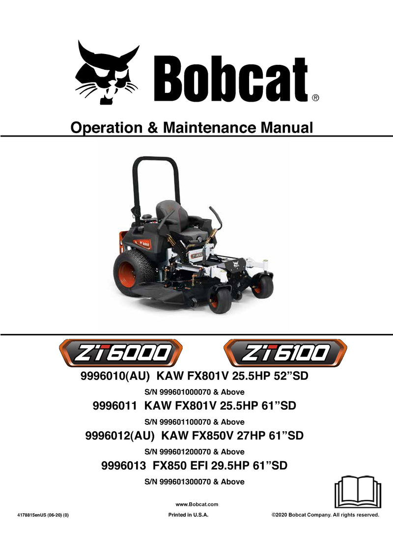 Bobcat ZT6000 6100 Mower Operation And Maintenance Manual - PDF Download