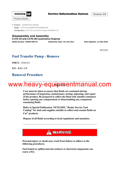 DOWNLOAD CATERPILLAR C175-20 LOCOMOTIVE ENGINE SERVICE REPAIR MANUAL R4F