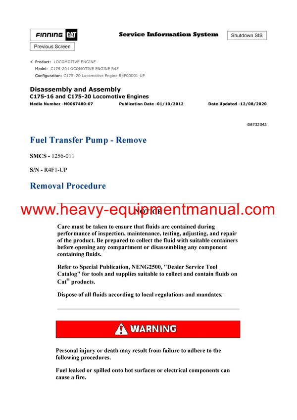 DOWNLOAD CATERPILLAR C175-20 LOCOMOTIVE ENGINE SERVICE REPAIR MANUAL R4F