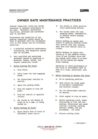 Clark C500 (OH-370) Forklift Overhaul Manual - PDF Download