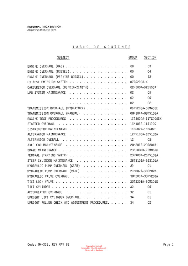 Clark C500 (OH-339) Forklift Overhaul Manual - PDF Download