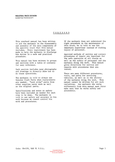 Clark C500 (OH-339) Forklift Overhaul Manual - PDF Download