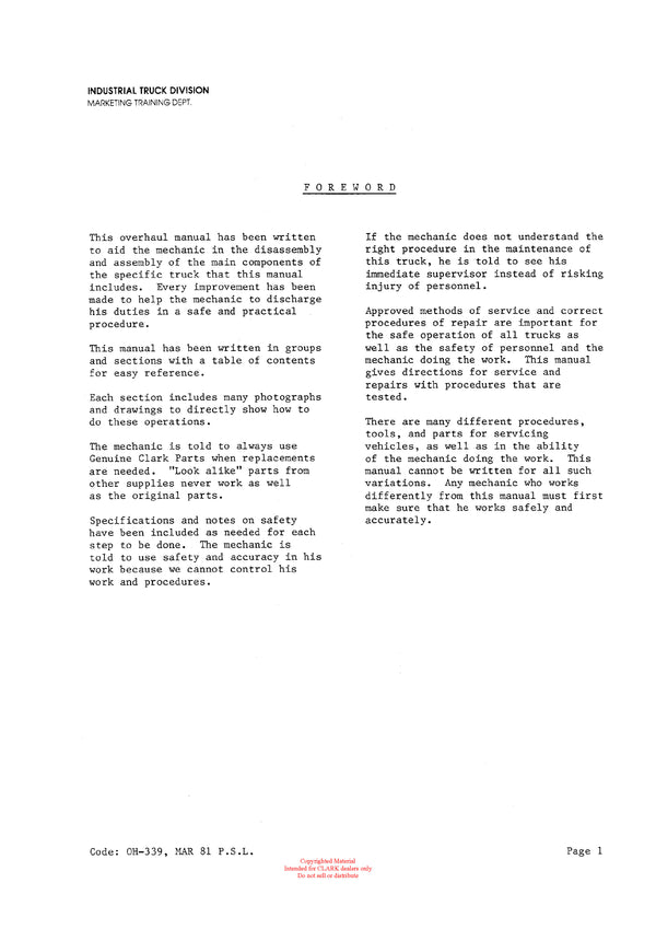 Clark C500 (OH-339) Forklift Overhaul Manual - PDF Download