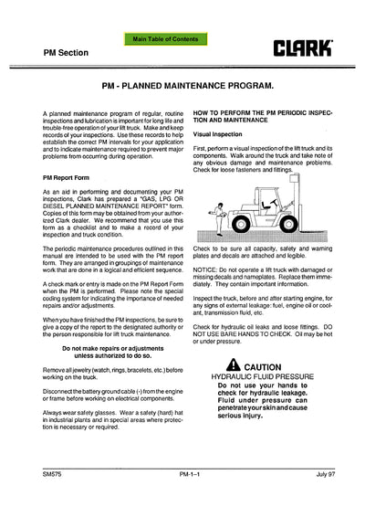 Clark C500 Y180-200-225S-225L-250S-250L-300S-300L-350 (SM-575) Forklift Service Repair Manual - PDF Download