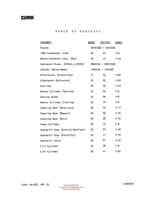 Clark C500 (Y) 20 25 S30 (OH-367) Forklift Overhaul Manual - PDF Download