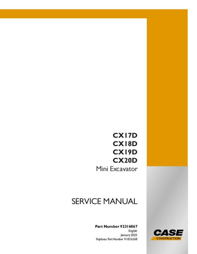 CASE CX17D, CX18D, CX19D, CX20D Mini Excavator Service Manual (2025)