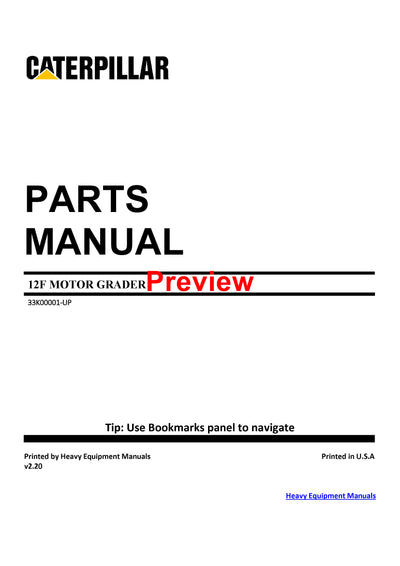 Caterpillar 12F MOTOR GRADER Full Complete Spare Parts Catalog Manual 33K
