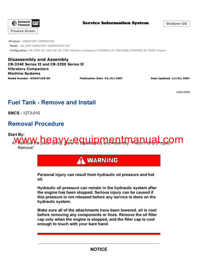 Download Caterpillar CB-335E VIBRATORY COMPACTOR Service Repair Manual C3C