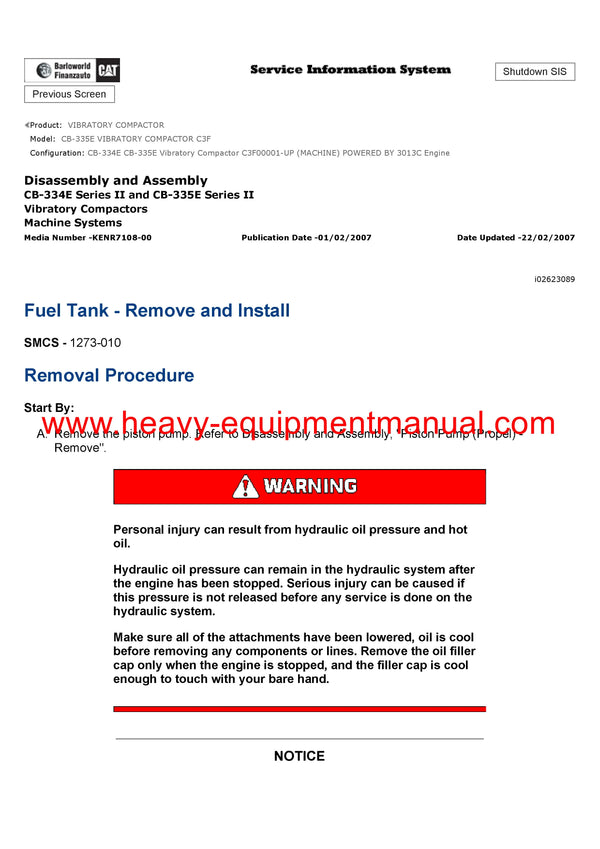 Download Caterpillar CB-335E VIBRATORY COMPACTOR Service Repair Manual C3F