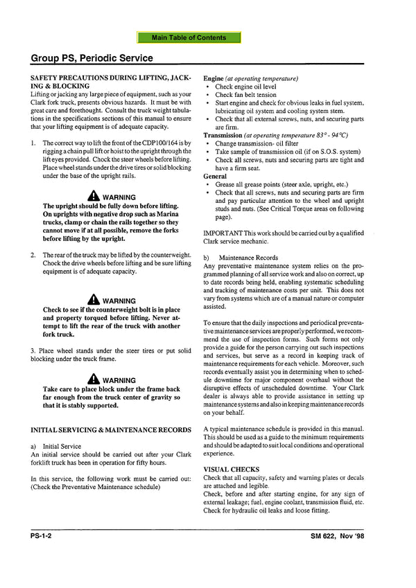 Clark CDP 100-164 (SM-622) Forklift Service Repair Manual - PDF Download