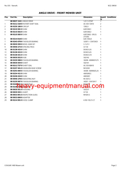 Download Claas Cougar 1400 Mower Base Machine Parts Manual PDF 78900011-78999999