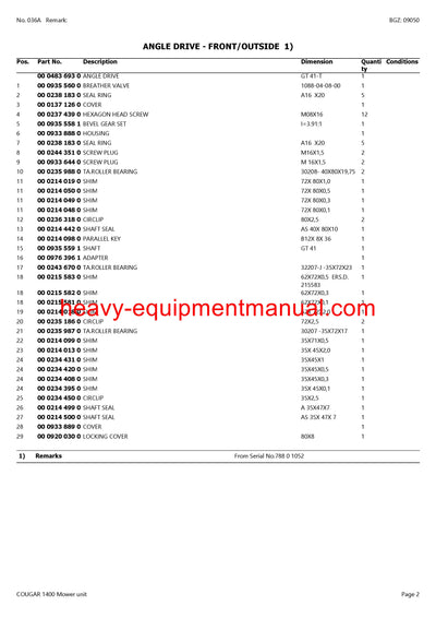 PDF Claas 1400 Cougar Mower Base Machine Parts Manual Download