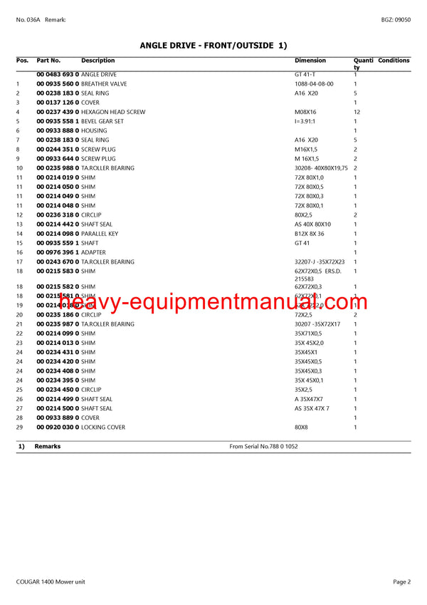 PDF Claas 1400 Cougar Mower Base Machine Parts Manual Download