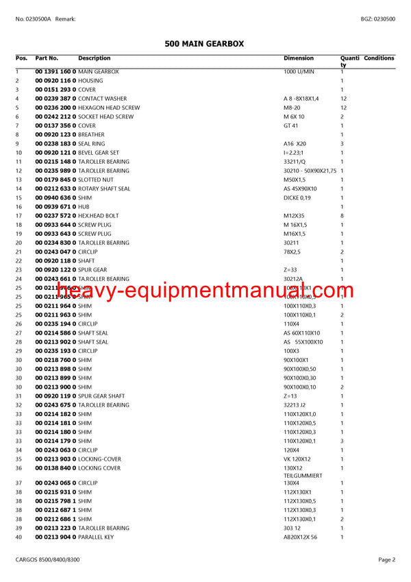 Download Claas Cargos 8500 8400 8300 Self Loading Wagon Parts Manual 99101001-99109999