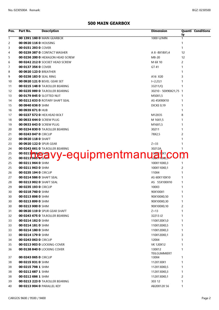 PDF Claas 9600, 9500, 9400 Cargos Self Loading Wagon Parts Manual Download