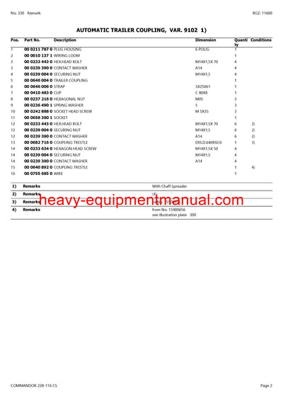 PDF Claas 228 - 116 CS Commandor Combine Parts Manual