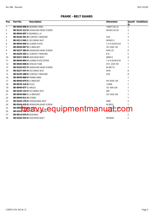 Download Claas Corto 210-165 N S Mower Parts Manual PDF 38200001-38299999