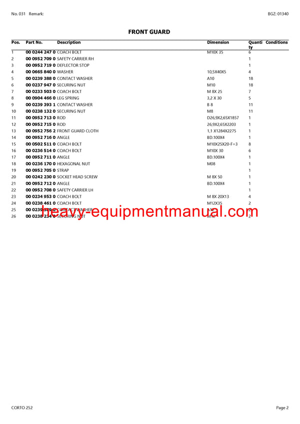 PDF Claas 252 Corto Mower Parts Manual Download