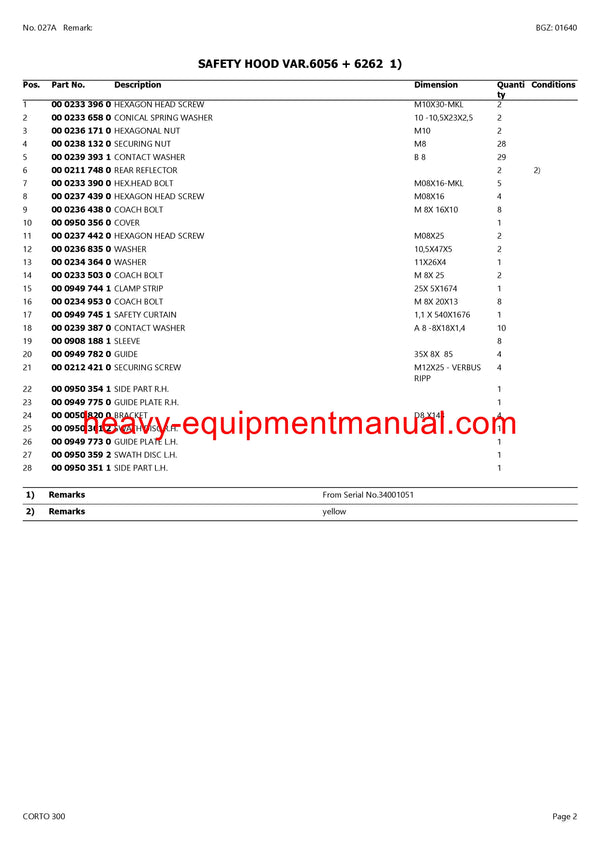PDF Claas 300 Corto Mower Parts Manual Download