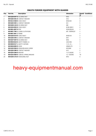 Download Claas Corto 310 S/N Mower Parts Manual PDF SN 65301001-65399999