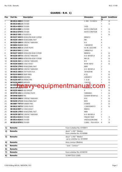 PDF Claas C450 Folding Mega Medion Dominator Cutterbar Parts Manual Download