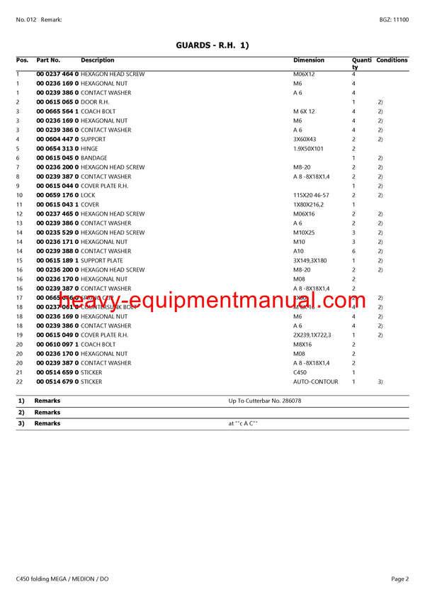 Download Claas C450 Folding Mega Medion Dominator Cutterbar Parts Manual PDF