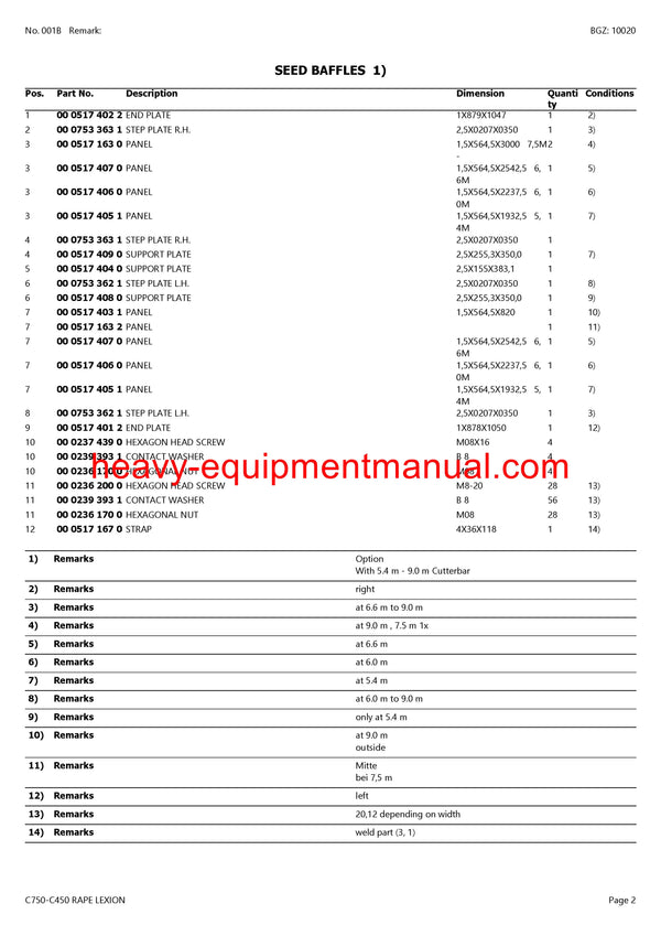 PDF Claas C750 - C450 Rape Lexion Cutterbar Parts Manual Download