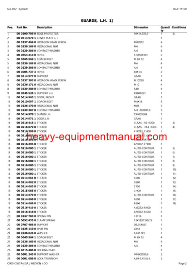 PDF Claas C900 - C300 Mega Medion Dominator Cutterbar Parts Manual Download