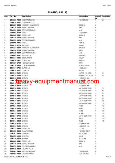 Download Claas C900-C300 Mega Medion Dominator Cutterbar Parts Manual PDF
