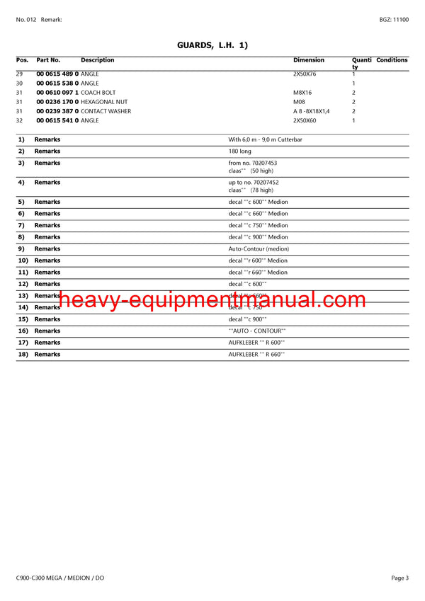 Download Claas C900-C300 Mega Medion Dominator Cutterbar Parts Manual PDF