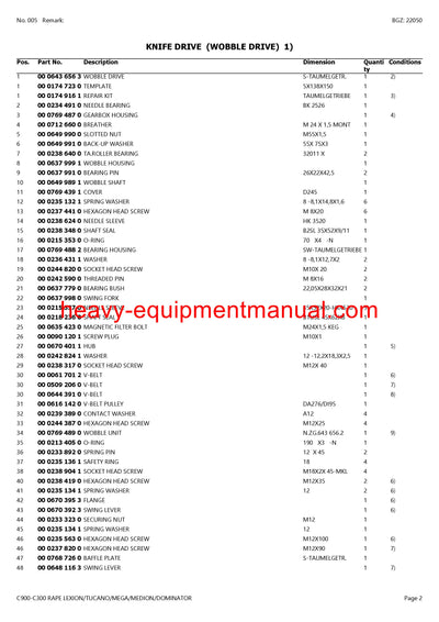 Download Claas C900-C300 Rape Lexion Tucano Mega Medion Dominator Cutterbar Parts Manual