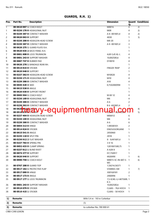 Download Claas C900-C390 Lexion Cutterbar Parts Manual SN 71400011-71499999