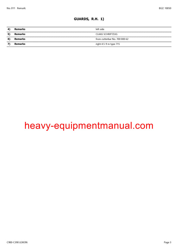 Download Claas C900-C390 Lexion Cutterbar Parts Manual (SN 70000011-70099999)