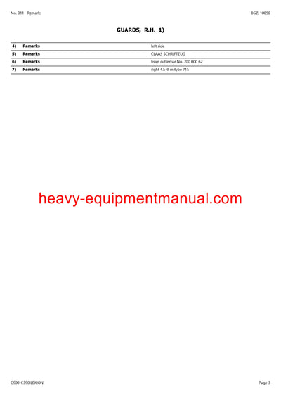 Download Claas C900-C390 Lexion Cutterbar Parts Manual SN 71100011-71199999