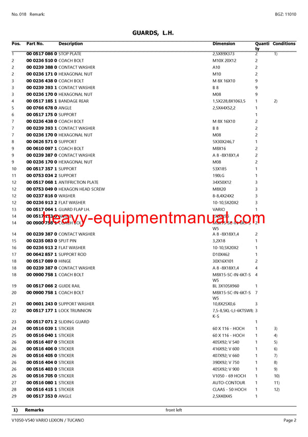 DOWNLOAD CLAAS V1050-V540 VARIO LEXION TUCANO CUTTERBAR PARTS MANUAL SN 71600012-71699999