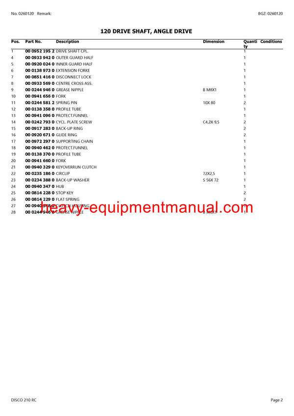 CLAAS DISCO 210 RC MOWER PARTS CATALOG MANUAL SN 62401001-62409999