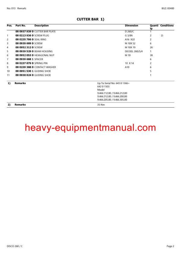 CLAAS DISCO 260 C MOWER PARTS CATALOG MANUAL SN 64301001-64399999