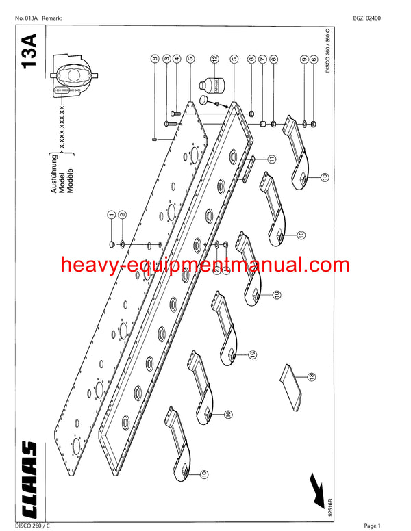 CLAAS DISCO 260 C MOWER PARTS CATALOG MANUAL SN 64201001-64299999